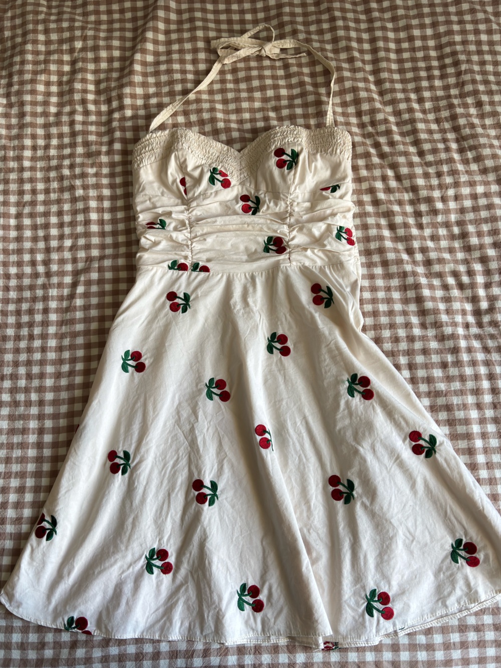 Betsey Johnson White Halter Cherry Print Sundress
